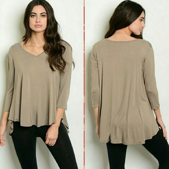 Guilia's Tops - CLEARANCE 3/4 Sleeve Tan V Neck Tunic Top
